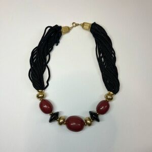 60’s vintage Chic Black and Red Beaded Necklace with Gold Accents